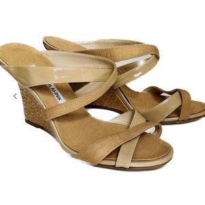 Manolo Blahnik Linen & Patent Crisscross Wedge sz 6 / 37